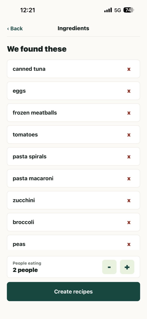 CookSmart ingredient list with detected foods and portions for two people