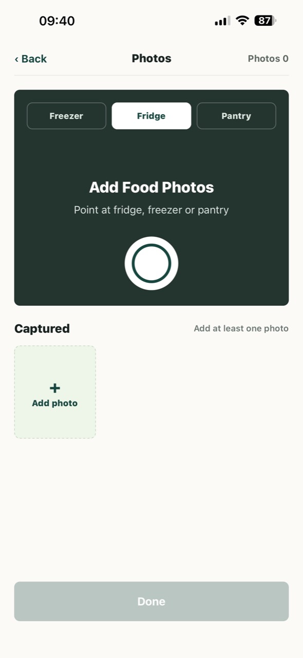 CookSmart Photos screen for adding fridge, freezer or pantry photos