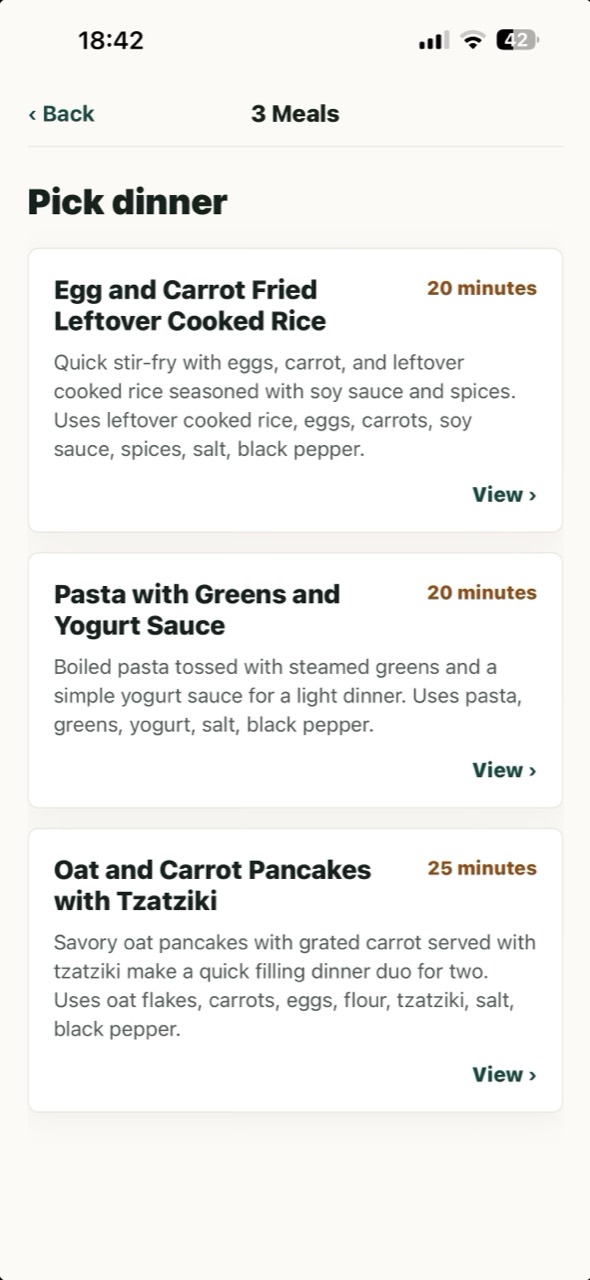 CookSmart showing three meal suggestions and cooking times